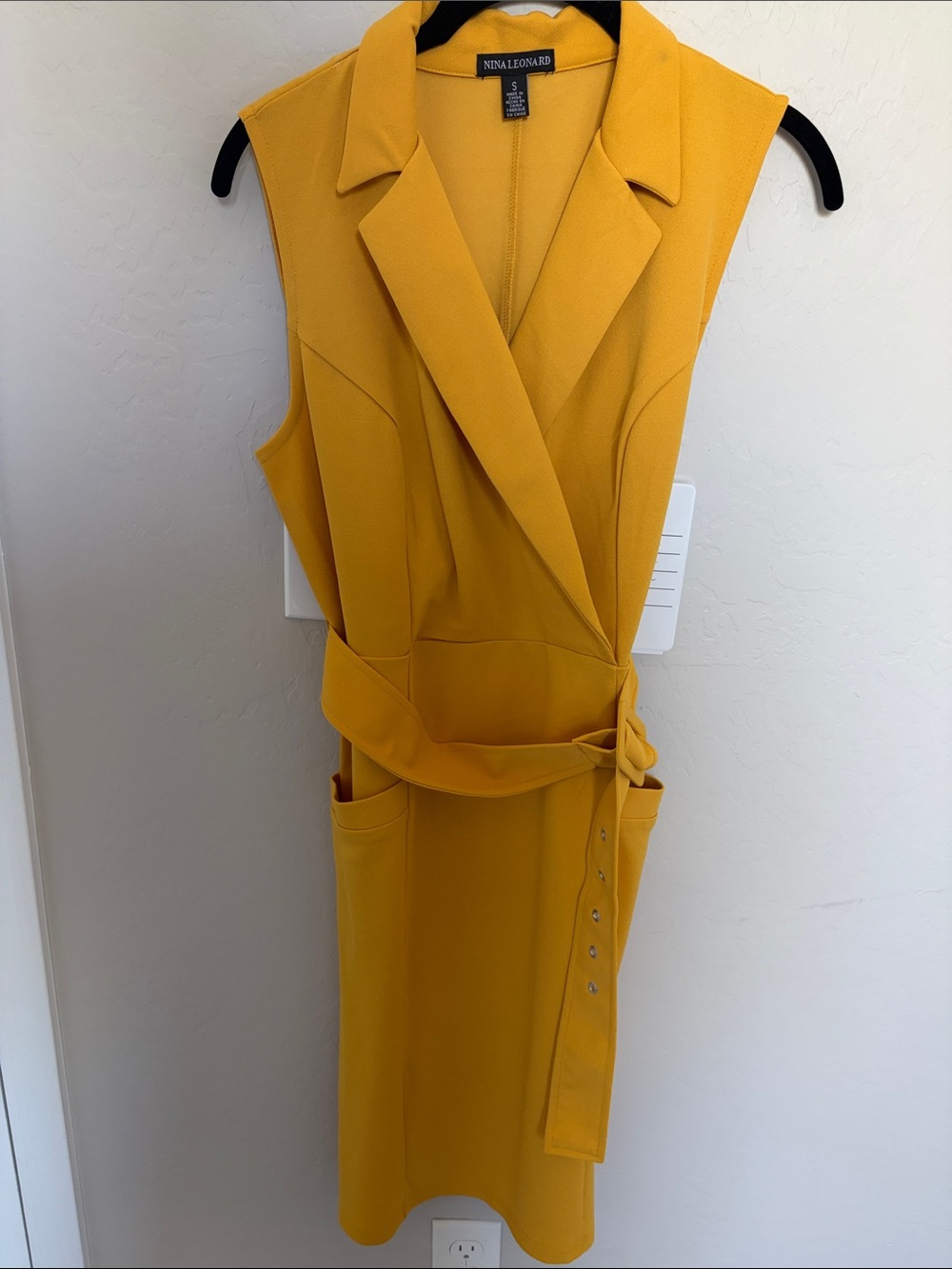 Nina Leonard Sleeveless Notch-Lapel Belted Midi Dress in Mustard